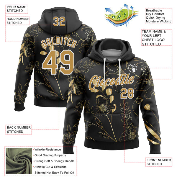 Custom Stitched Black Old Gold-White 3D Pattern Design Golden Subtle Floral Sports Pullover Sweatshirt Hoodie