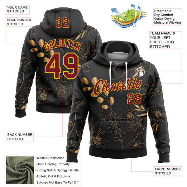 Custom Stitched Black Crimson-Yellow 3D Pattern Design Golden Subtle Floral Sports Pullover Sweatshirt Hoodie