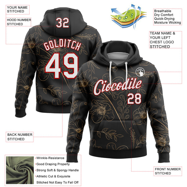 Custom Stitched Black White-Red 3D Pattern Design Golden Subtle Floral Sports Pullover Sweatshirt Hoodie