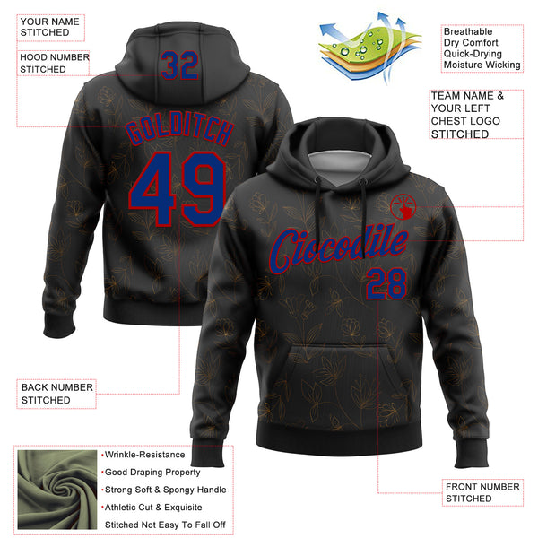 Custom Stitched Black Royal-Red 3D Pattern Design Golden Subtle Floral Sports Pullover Sweatshirt Hoodie