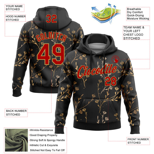 Custom Stitched Black Red-Old Gold 3D Pattern Design Golden Subtle Floral Sports Pullover Sweatshirt Hoodie