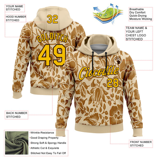Custom Stitched City Cream Yellow-Brown 3D Pattern Design Golden Subtle Floral Sports Pullover Sweatshirt Hoodie