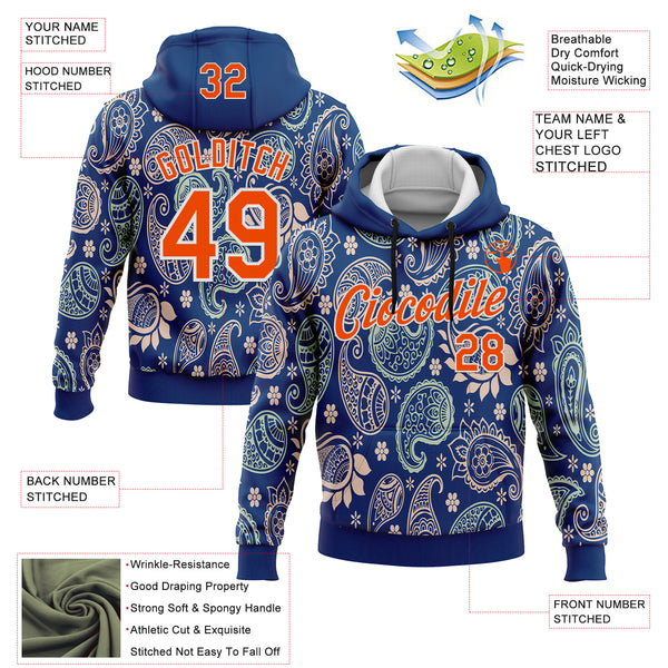 Custom Stitched US Navy Blue Orange-White 3D Pattern Design Ethnic Paisley Floral Bandana Sports Pullover Sweatshirt Hoodie