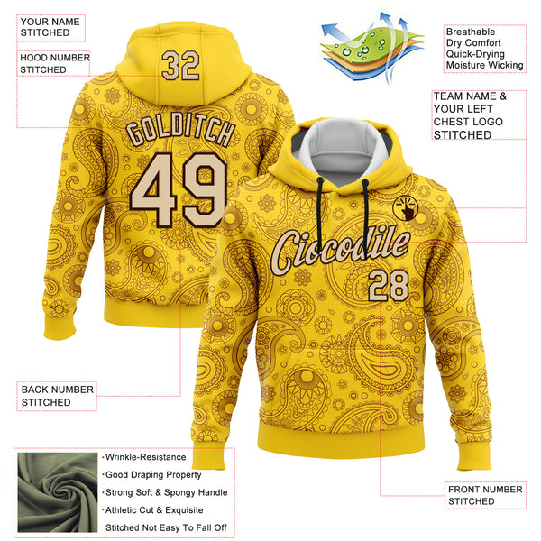 Custom Stitched Yellow City Cream-Brown 3D Pattern Design Ethnic Paisley Floral Bandana Sports Pullover Sweatshirt Hoodie