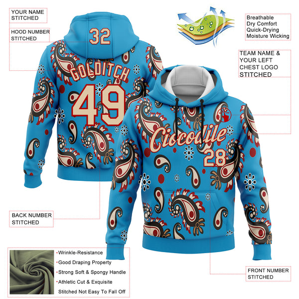 Custom Stitched Panther Blue City Cream-Red 3D Pattern Design Ethnic Paisley Floral Bandana Sports Pullover Sweatshirt Hoodie
