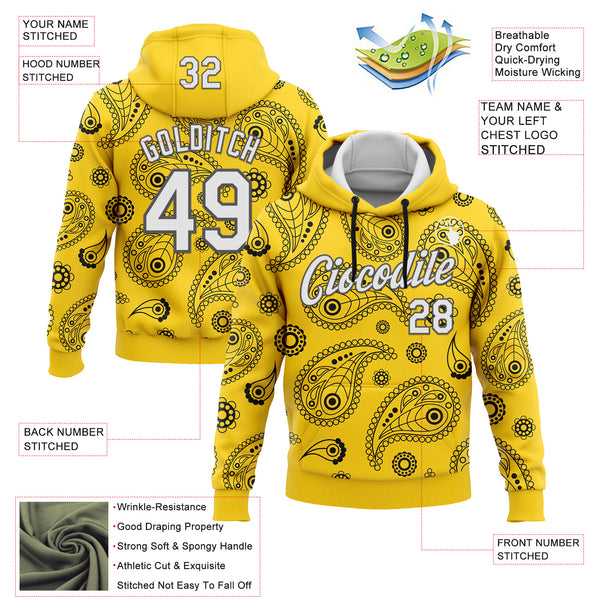 Custom Stitched Yellow White-Steel Gray 3D Pattern Design Ethnic Paisley Floral Bandana Sports Pullover Sweatshirt Hoodie