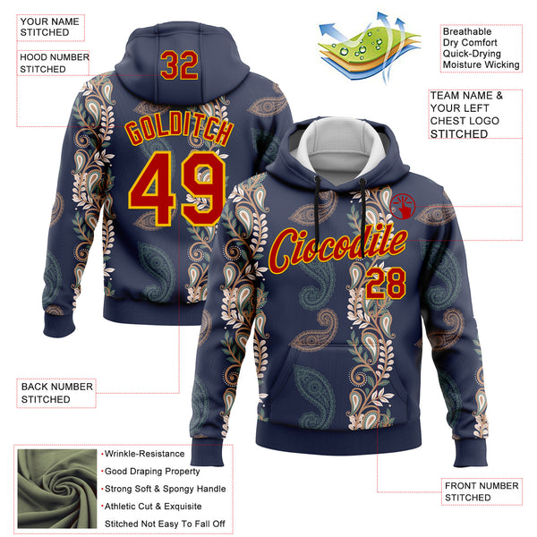 Custom Stitched Navy Red-Yellow 3D Pattern Design Ethnic Paisley Floral Bandana Sports Pullover Sweatshirt Hoodie