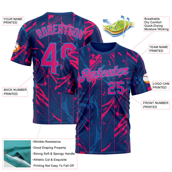 Custom Blue Hot Pink Red-Powder Blue 3D Pattern Design Abstract Splash Stripe Sport Wear Performance T-Shirt