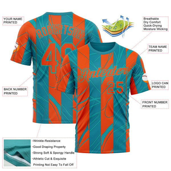 Custom Blue Orange-Aqua 3D Pattern Design Color Block Stripe Sport Wear Performance T-Shirt