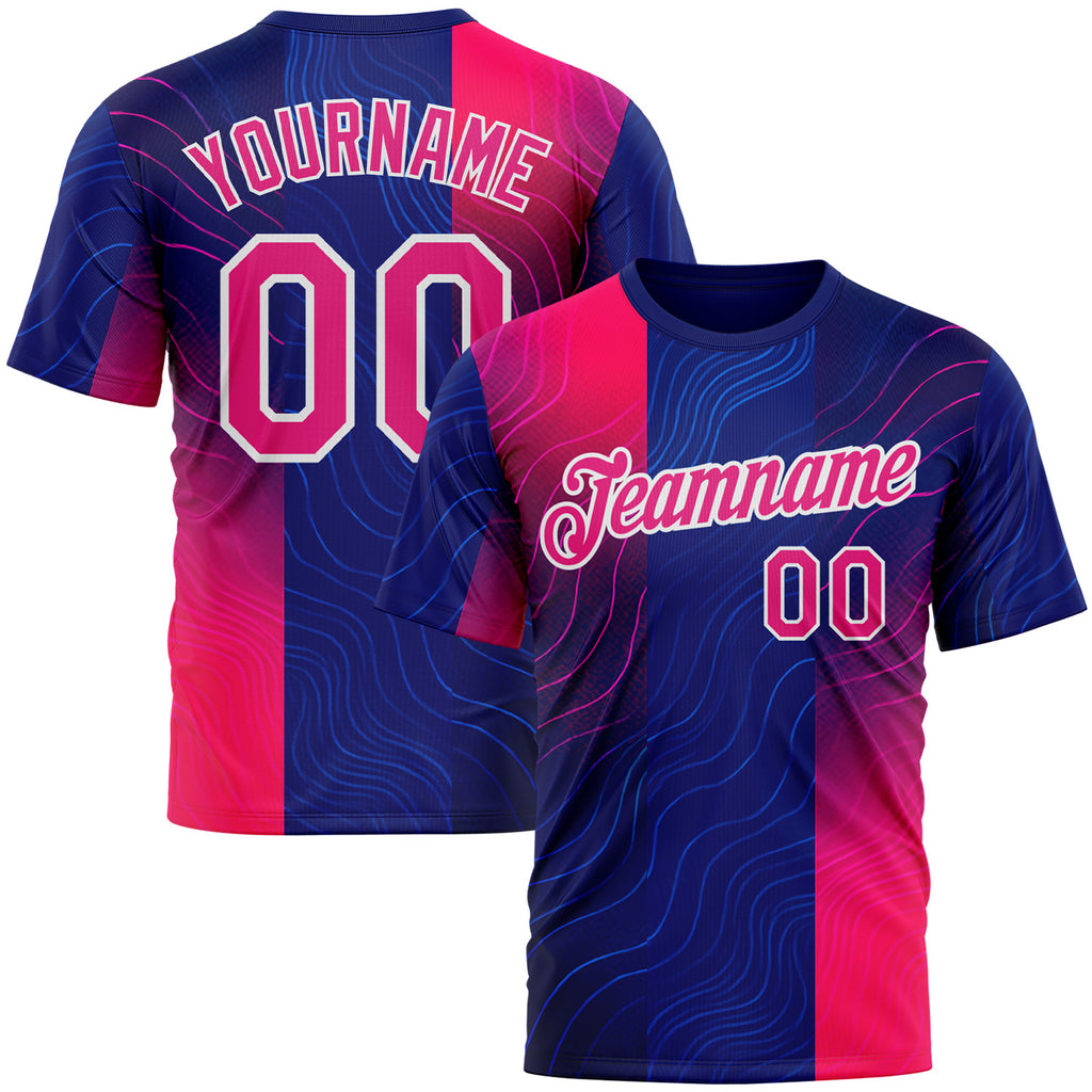 Custom Blue Hot Pink Red-White 3D Pattern Design Neon Stripe Sport Wear Performance T-Shirt