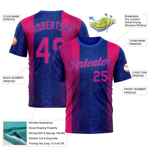 Custom Blue Hot Pink Red-Thunder Blue 3D Pattern Design Neon Stripe Sport Wear Performance T-Shirt