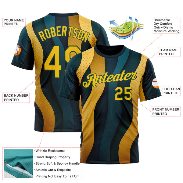 Custom Blue Yellow-Green 3D Pattern Design Color Block Sport Wear Performance T-Shirt