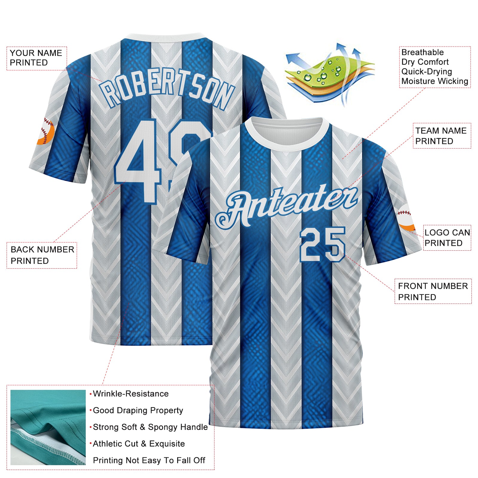 Custom White Blue 3D Pattern Design Argentina Stripe Sport Wear Performance T-Shirt