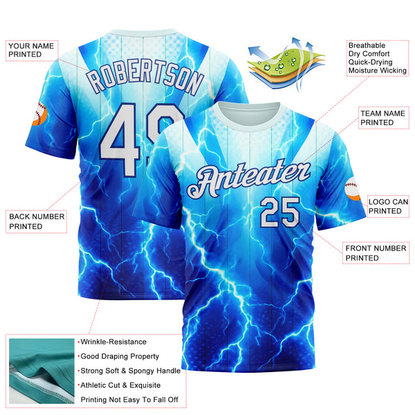 Custom Blue White-Thunder Blue 3D Pattern Design Lightning Sport Wear Performance T-Shirt