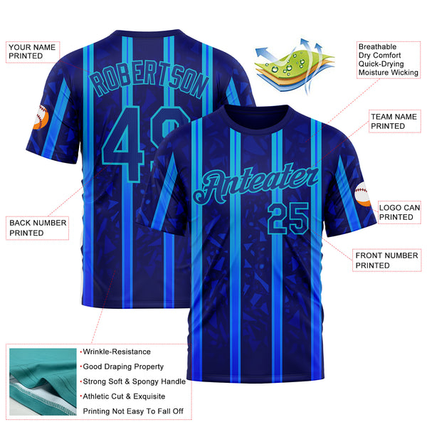 Custom Blue Royal-Lakes Blue 3D Pattern Design Classic Geometric Shape Stripe Sport Wear Performance T-Shirt