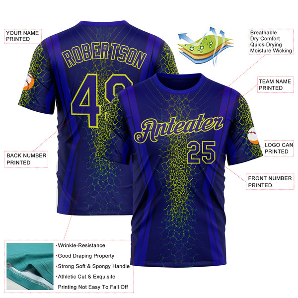 Custom Blue Dark Purple-Neon Yellow 3D Pattern Design Abstract Net Sport Wear Performance T-Shirt