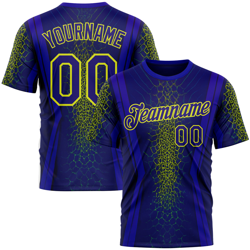 Custom Blue Dark Purple-Neon Yellow 3D Pattern Design Abstract Net Sport Wear Performance T-Shirt