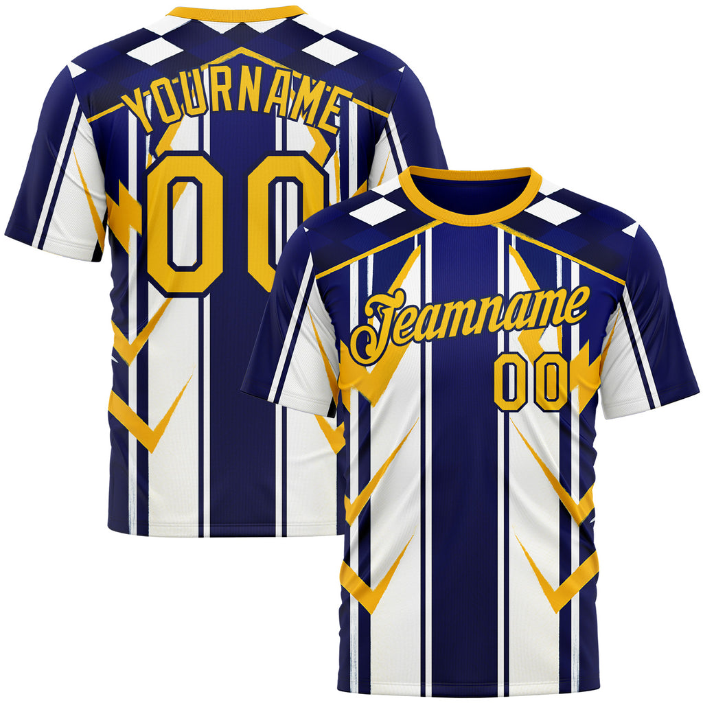 Custom White Yellow Blue-Navy 3D Pattern Design Geometric Shape Stripe Sport Wear Performance T-Shirt