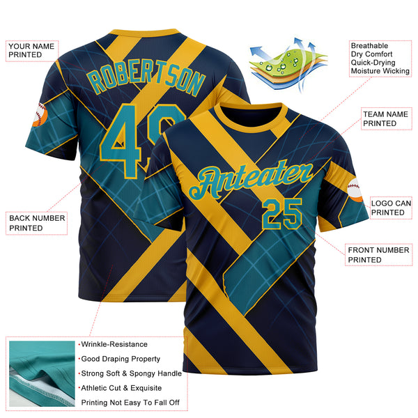 Custom Blue Teal-Yellow 3D Pattern Design Brazil Geometric Shape Sport Wear Performance T-Shirt