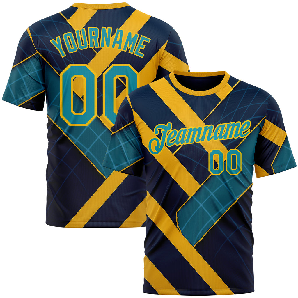 Custom Blue Teal-Yellow 3D Pattern Design Brazil Geometric Shape Sport Wear Performance T-Shirt