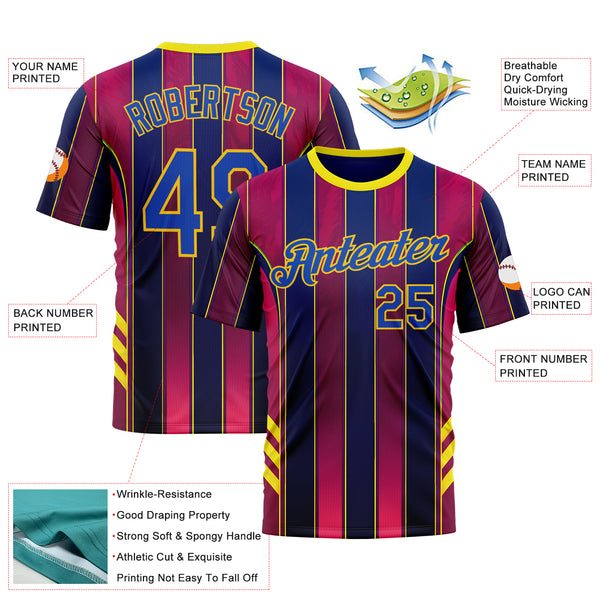 Custom Red Thunder Blue Blue-Yellow 3D Pattern Design Stripe Sport Wear Performance T-Shirt