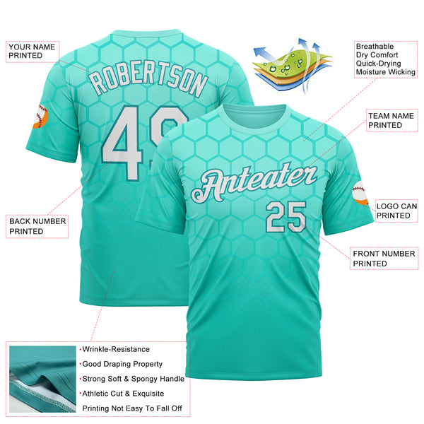 Custom Green White-Teal 3D Pattern Design Geometric Honeycomb Shape Sport Wear Performance T-Shirt