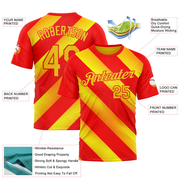 Custom Red Yellow-Fire Red 3D Pattern Design Spain Stripe Sport Wear Performance T-Shirt