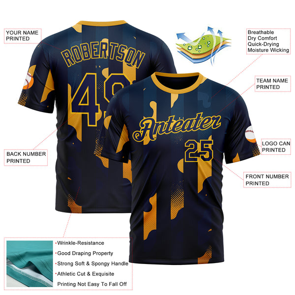 Custom Blue Navy-Yellow 3D Pattern Design Geometric Shape Stripe Sport Wear Performance T-Shirt
