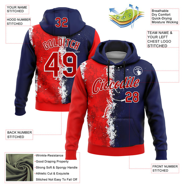 Custom Stitched Blue Red-White 3D Pattern Design American Inspired Graffiti Splash Sports Wear Pullover Sweatshirt Hoodie