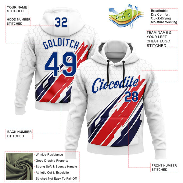 Custom Stitched White Royal-Red 3D Pattern Design American Inspired Abstract Geometric Honeycomb Shape Sports Wear Pullover Sweatshirt Hoodie