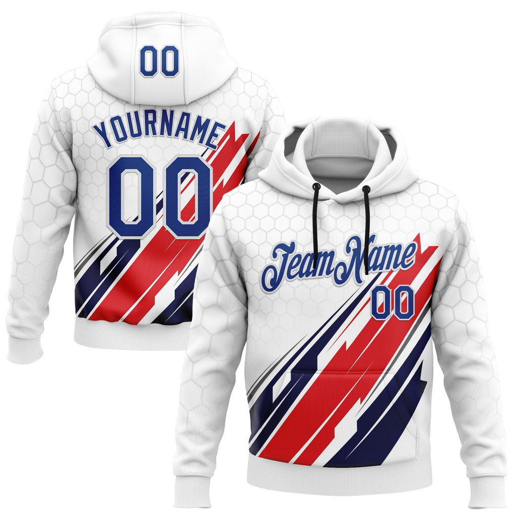 Custom Stitched White Royal-Red 3D Pattern Design American Inspired Abstract Geometric Honeycomb Shape Sports Wear Pullover Sweatshirt Hoodie