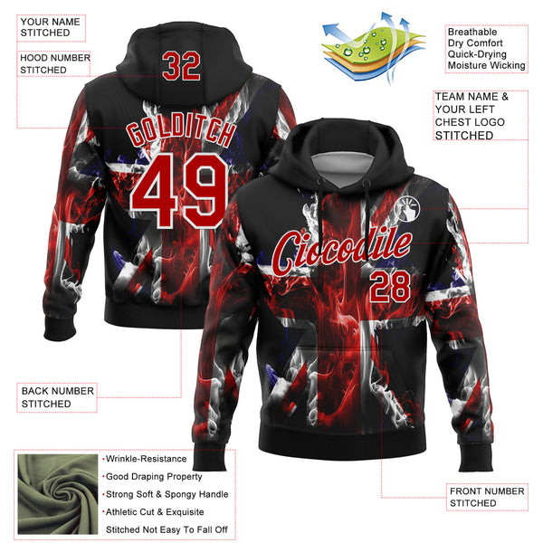 Custom Stitched Black Red-White 3D Pattern Design England Inspired Flame Sports Wear Pullover Sweatshirt Hoodie