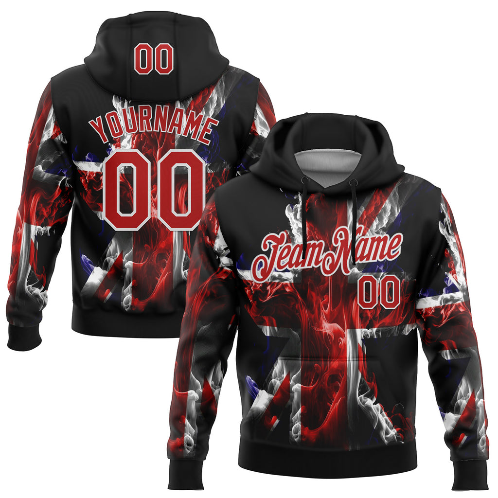 Custom Stitched Black Red-White 3D Pattern Design England Inspired Flame Sports Wear Pullover Sweatshirt Hoodie