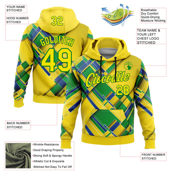 Custom Stitched Yellow Light Yellow Green-Grass Green 3D Pattern Design Brazil Inspired Geometric Shape Sportswear Pullover Sweatshirt Hoodie