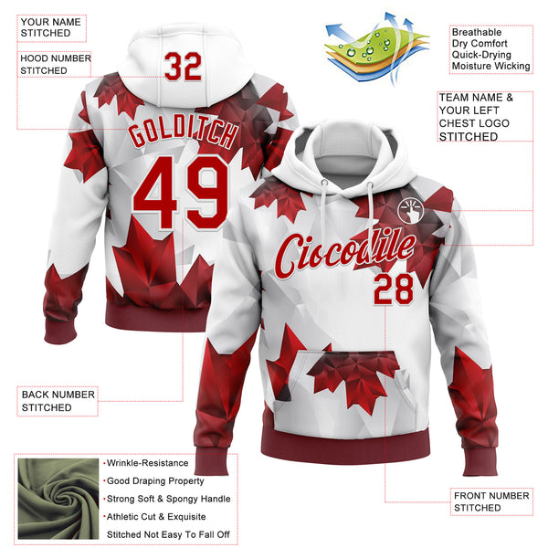 Custom Stitched White Red 3D Pattern Design Canada Maple Sports Wear Pullover Sweatshirt Hoodie