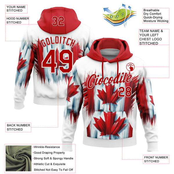 Custom Stitched White Red 3D Pattern Design Canada Maple Sports Wear Pullover Sweatshirt Hoodie