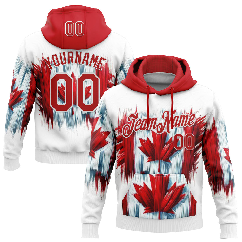 Custom Stitched White Red 3D Pattern Design Canada Maple Sports Wear Pullover Sweatshirt Hoodie