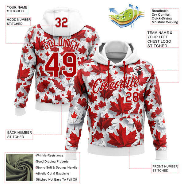 Custom Stitched White Red 3D Pattern Design Canada Maple Sports Wear Pullover Sweatshirt Hoodie