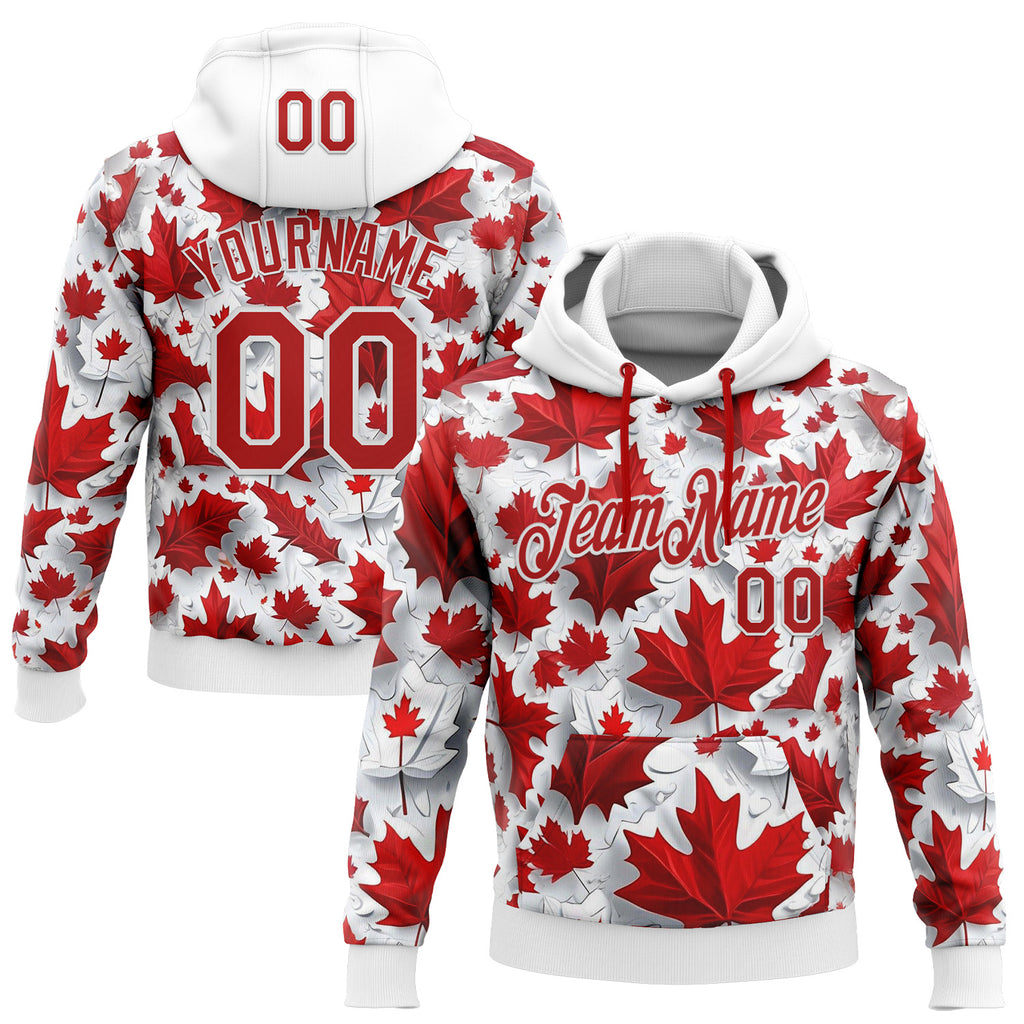 Custom Stitched White Red 3D Pattern Design Canada Maple Sports Wear Pullover Sweatshirt Hoodie