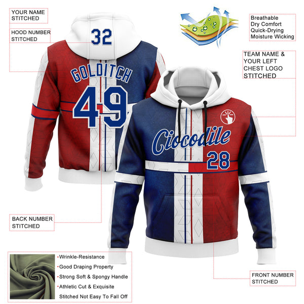Custom Stitched White Royal Blue-Red 3D Pattern Design American Inspired Geometric Shape Sports Wear Pullover Sweatshirt Hoodie