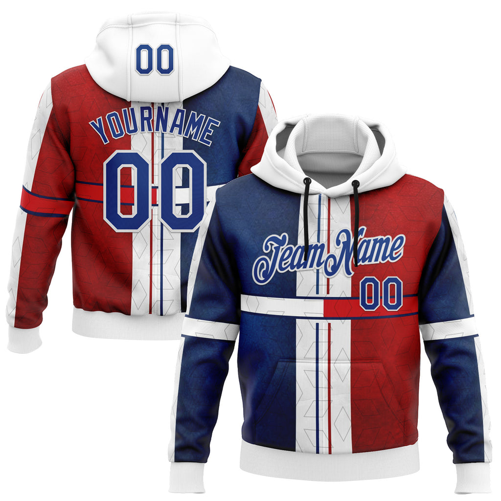 Custom Stitched White Royal Blue-Red 3D Pattern Design American Inspired Geometric Shape Sports Wear Pullover Sweatshirt Hoodie