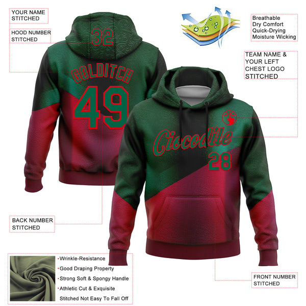 Custom Stitched Green Kelly Green-Red 3D Pattern Design Mexico Abstract Sports Wear Pullover Sweatshirt Hoodie