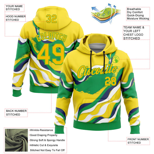 Custom Stitched Yellow Green-Aurora Green 3D Pattern Design Brazil Inspired Abstract Wave Sportswear Pullover Sweatshirt Hoodie