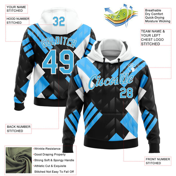 Custom Stitched Black Sky Blue Blue-White 3D Pattern Design Chelsea Argentine Inspired Geometric Shape Sports Wear Pullover Sweatshirt Hoodie