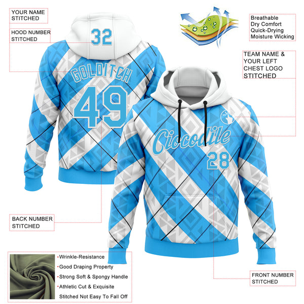 Custom Stitched White Sky Blue Black-Blue 3D Pattern Design Argentine Inspired Geometric Tribal Shape Sports Wear Pullover Sweatshirt Hoodie