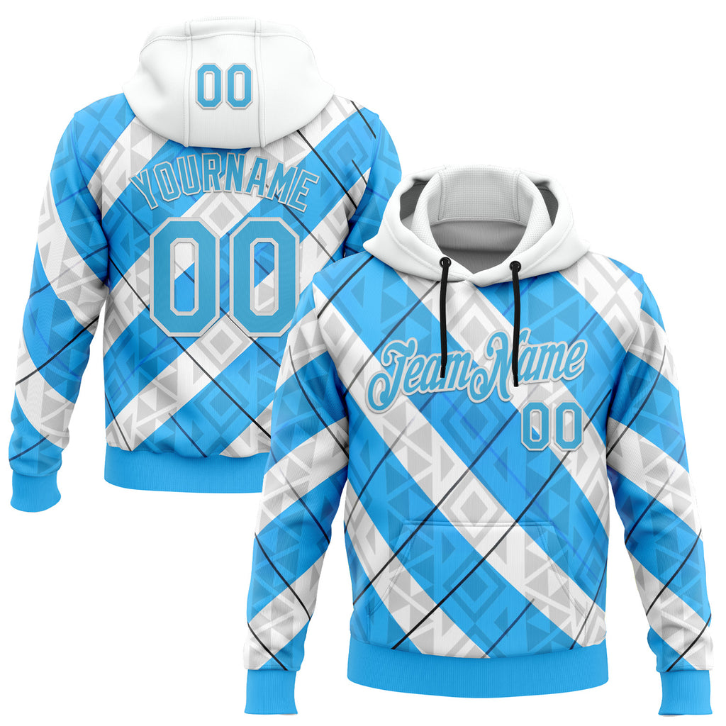Custom Stitched White Sky Blue Black-Blue 3D Pattern Design Argentine Inspired Geometric Tribal Shape Sports Wear Pullover Sweatshirt Hoodie