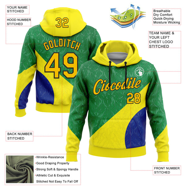 Custom Stitched Green Yellow Blue-Black 3D Pattern Design Brazil Inspired Subtle Sports Wear Pullover Sweatshirt Hoodie