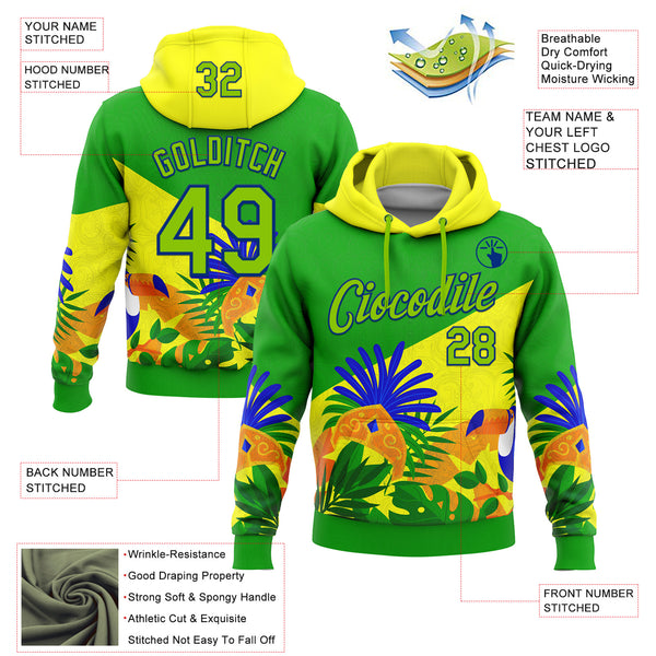 Custom Stitched Green Neon Green Yellow-Royal 3D Pattern Design Brazil Inspired Tropical Plants Sports Wear Pullover Sweatshirt Hoodie