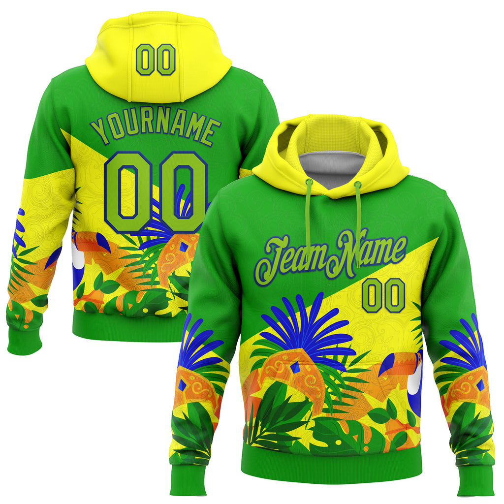 Custom Stitched Green Neon Green Yellow-Royal 3D Pattern Design Brazil Inspired Tropical Plants Sports Wear Pullover Sweatshirt Hoodie