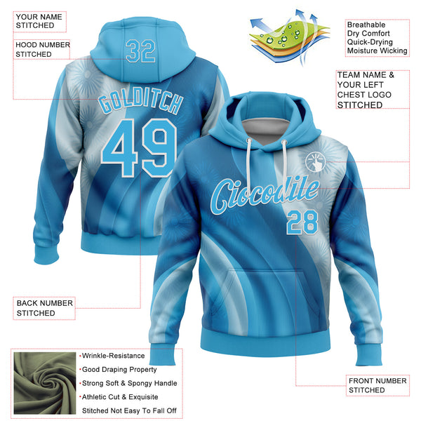Custom Stitched Blue Sky Blue-White 3D Pattern Design Argentine Inspired Subtle Floral Sports Wear Pullover Sweatshirt Hoodie